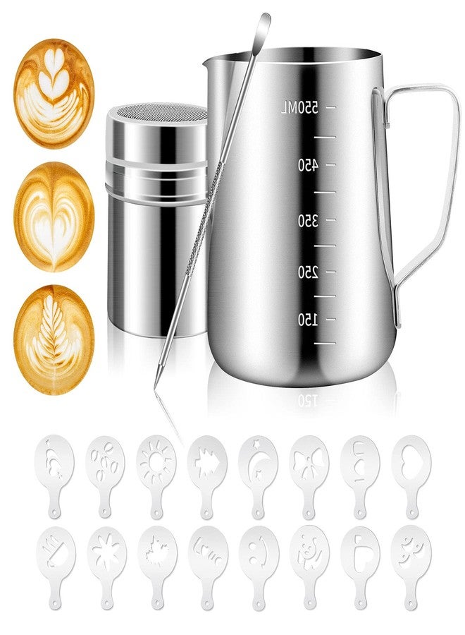 PROKITCHEN Stainless Steel Milk Frothing Pitcher 20oz/600ml for Milk Cappuccino Coffee Stencils Latte Art, Milk Jug Cup with Decorating Art Pen, Powder Shaker, 16 Pieces Coffee Decorating Stencils - Image 1